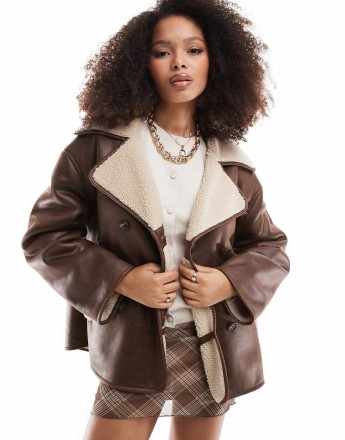Stradivarius faux leather jacket with borg lining in brown