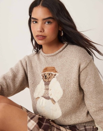 Polo Ralph Lauren bear cotton knit jumper in cream marl