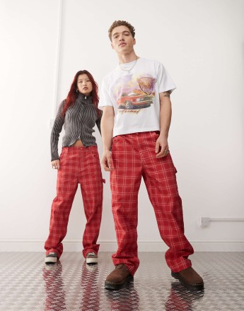Reclaimed Vintage unisex red check print barrel leg trouser