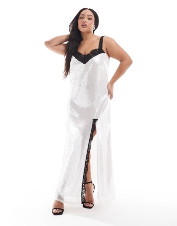 Renee Studio Plus x Michelle Nayla exclusive contrast lace insert thigh split sequin maxi dress in white