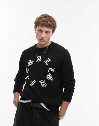 AllSaints Scripture logo knit jumper in black