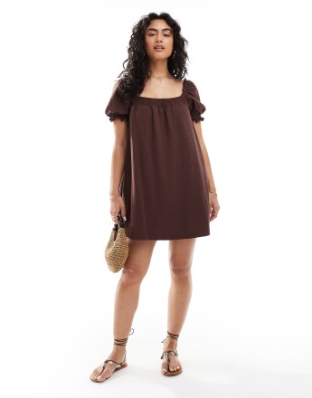 Miss Selfridge seersucker smock mini dress with shirring in chocolate