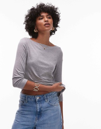 ARKET fluid ribbed  jersey  boat neck top with 3/4 sleeves in grey melange