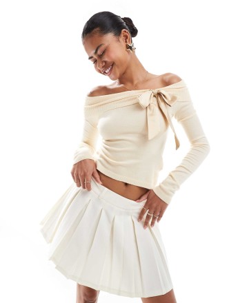 Motel orianne bow detail long sleeve knitted top in buttercream