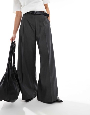 Monki high waist wide leg tailored trousers in dark grey melange