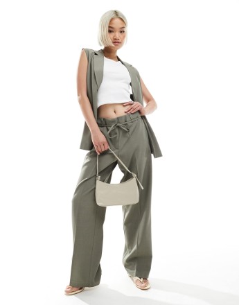 ONLY straight leg tailored trousers co-ord with string detail in sage grey