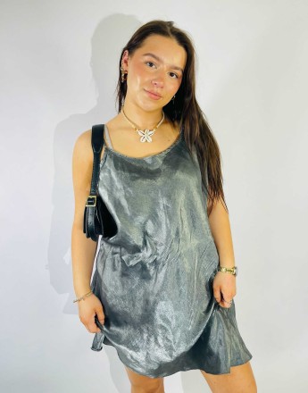 Vintage Size L Satin Mini Slip Dress in Silver