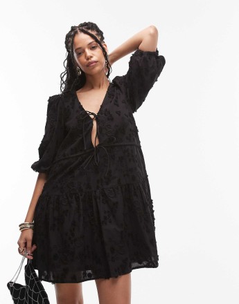 & Other Stories embroidered mini dress with front tie detail and tiered hem in black