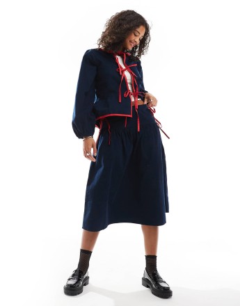 Wednesday's Girl cord tie-detail midi skirt in navy