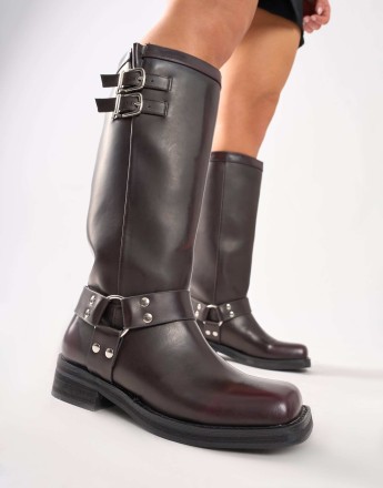 Public Desire Sirius vintage buckle knee hight flat boots in burgundy