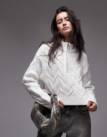 Topshop knitted cable high neck cardi in ivory