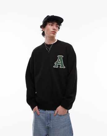 Topman oversized fit sweatshirt with letter chenille embroidery in black
