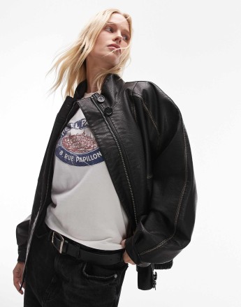 Topshop faux leather oversized bomber jacket in black