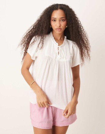JDY broderie tie detail blouse in white