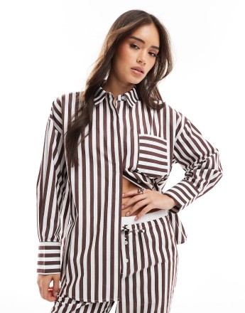 4th & Reckless cotton oversized pocket detail shirt co-ord in brown stripe