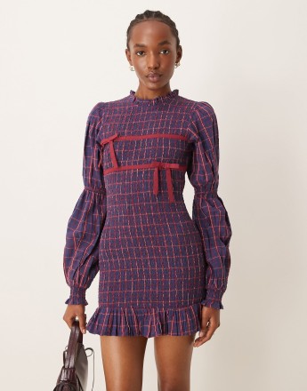 Neon Rose check print ribbon detail shirred mini dress in navy