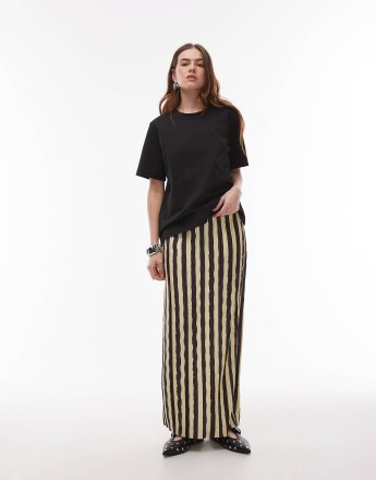 Topshop stripe plisse midaxi skirt in chocolate