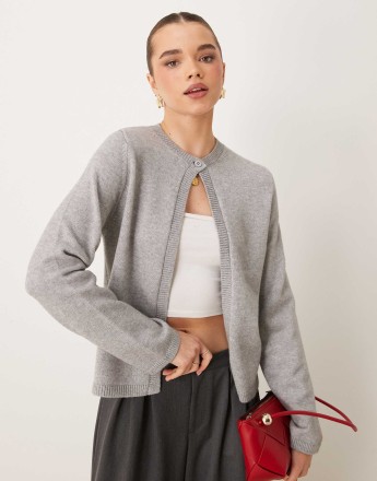 Gina Tricot knitted cardigan with one button detail in grey melange