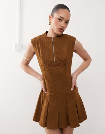 Labelrail x Jennifer McKing corset panneled pinstripe mini dress in brown