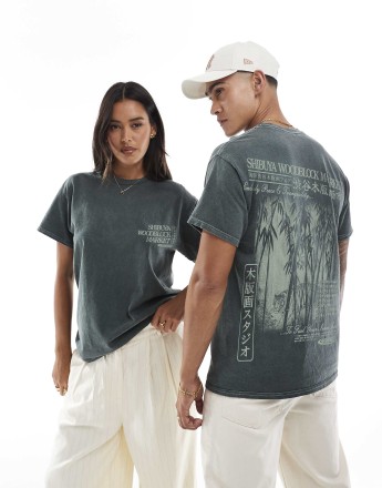 PRNT Shibuya woodblock market front and back print washed t-shirt in green overdye
