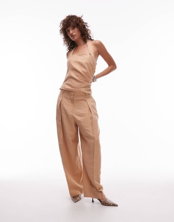 Mango pleat front balloon tailored trouser co-ord in beige