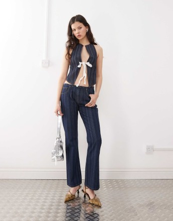 Lioness denim low rise flared jeans co-ord in dark denim stripe