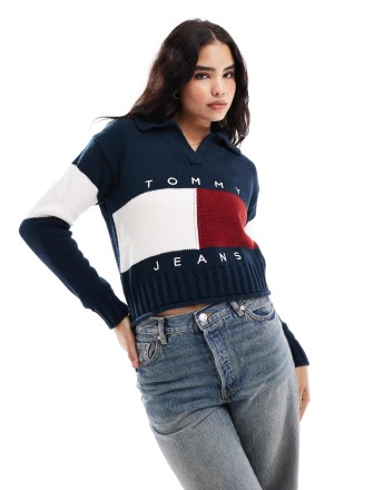 Tommy Jeans flag polo neck jumper in navy