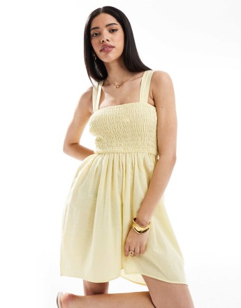 Esmee Exclusive mini beach dress with shirring detail in yellow