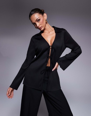 River island plisse tie front shirt in black