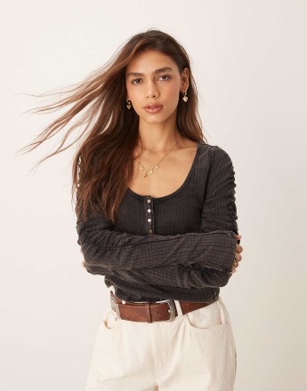 Free People ruched sleeve pointelle henley top in washed black