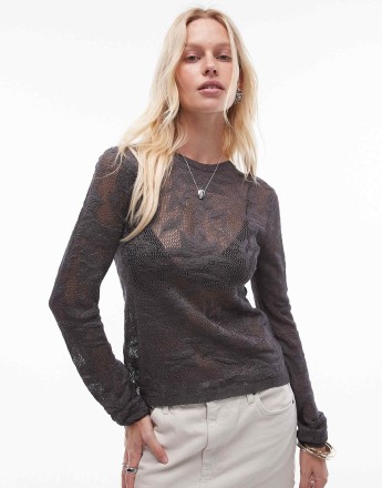 Topshop knitted sheer floral long sleeve top in dark grey